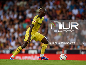 Gueye of Villarreal CF is in action during the LaLiga EA Sports match between Valencia CF and Villarreal CF at Mestalla stadium in Valencia,...