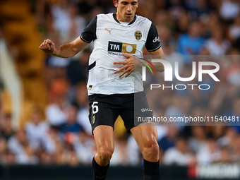 Cesar Tarrega of Valencia CF is in action during the LaLiga EA Sports match between Valencia CF and Villarreal CF at Mestalla stadium in Val...