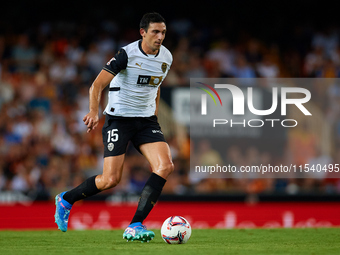 Cesar Tarrega of Valencia CF is in action during the LaLiga EA Sports match between Valencia CF and Villarreal CF at Mestalla stadium in Val...