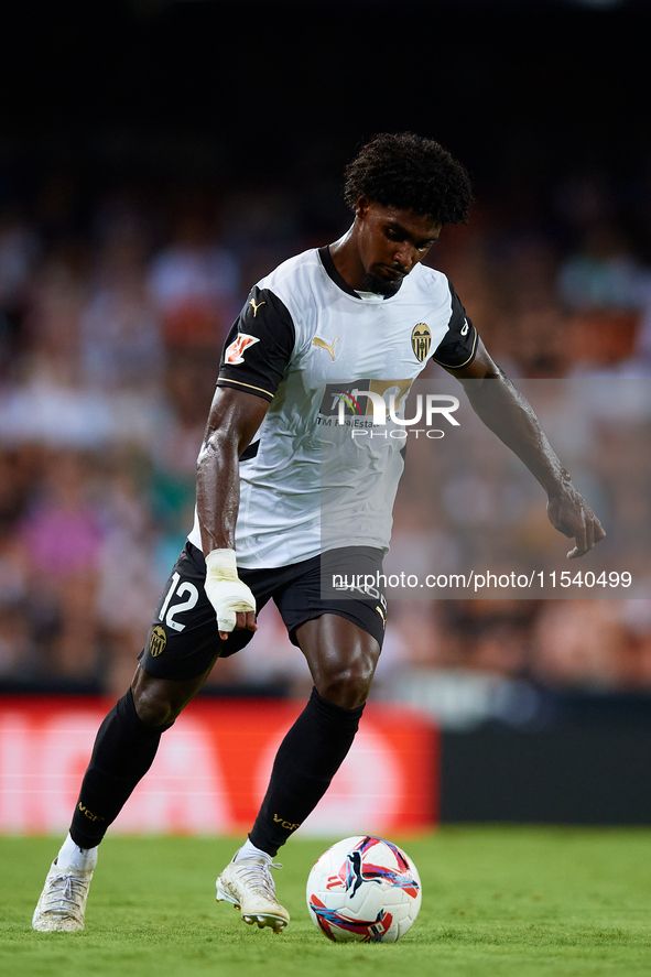 Thierry Rendall of Valencia CF is in action during the LaLiga EA Sports match between Valencia CF and Villarreal CF at Mestalla stadium in V...