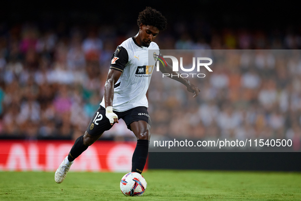 Thierry Rendall of Valencia CF is in action during the LaLiga EA Sports match between Valencia CF and Villarreal CF at Mestalla stadium in V...