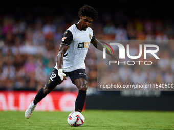 Thierry Rendall of Valencia CF is in action during the LaLiga EA Sports match between Valencia CF and Villarreal CF at Mestalla stadium in V...