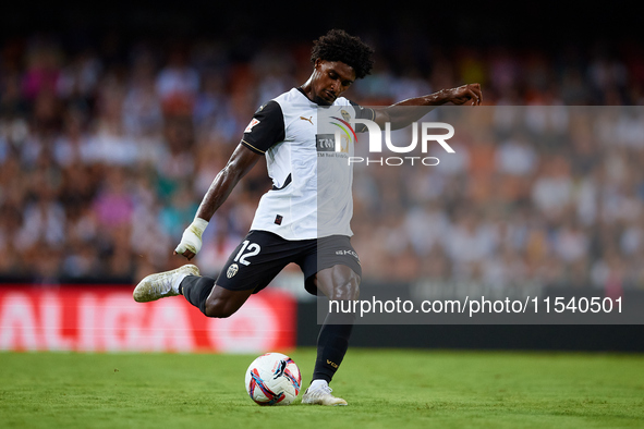 Thierry Rendall of Valencia CF is in action during the LaLiga EA Sports match between Valencia CF and Villarreal CF at Mestalla stadium in V...