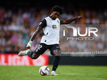 Thierry Rendall of Valencia CF is in action during the LaLiga EA Sports match between Valencia CF and Villarreal CF at Mestalla stadium in V...