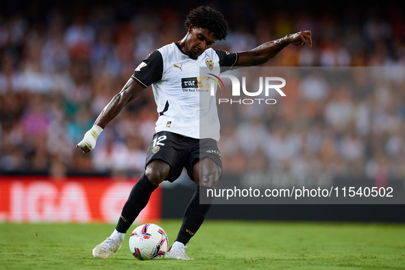 Thierry Rendall of Valencia CF is in action during the LaLiga EA Sports match between Valencia CF and Villarreal CF at Mestalla stadium in V...