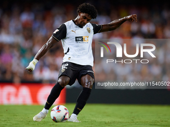 Thierry Rendall of Valencia CF is in action during the LaLiga EA Sports match between Valencia CF and Villarreal CF at Mestalla stadium in V...