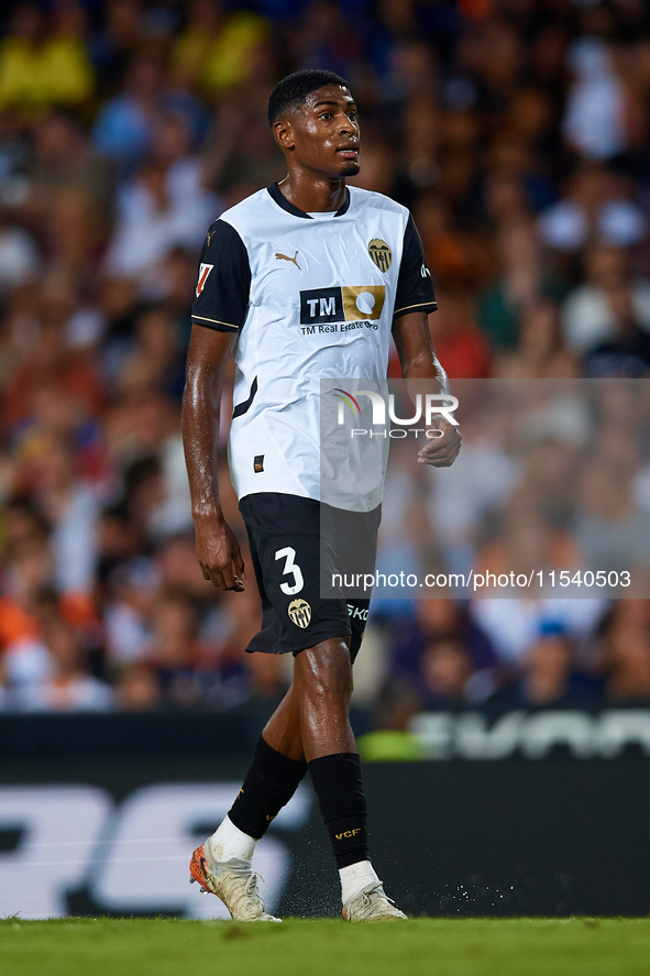 Cristhian Mosquera of Valencia CF looks on during the LaLiga EA Sports match between Valencia CF and Villarreal CF at Mestalla stadium in Va...