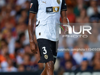 Cristhian Mosquera of Valencia CF looks on during the LaLiga EA Sports match between Valencia CF and Villarreal CF at Mestalla stadium in Va...