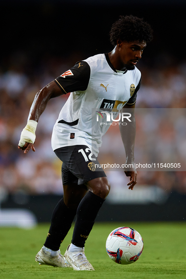 Thierry Rendall of Valencia CF is in action during the LaLiga EA Sports match between Valencia CF and Villarreal CF at Mestalla stadium in V...