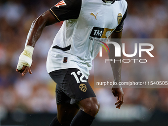 Thierry Rendall of Valencia CF is in action during the LaLiga EA Sports match between Valencia CF and Villarreal CF at Mestalla stadium in V...