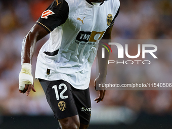 Thierry Rendall of Valencia CF is in action during the LaLiga EA Sports match between Valencia CF and Villarreal CF at Mestalla stadium in V...