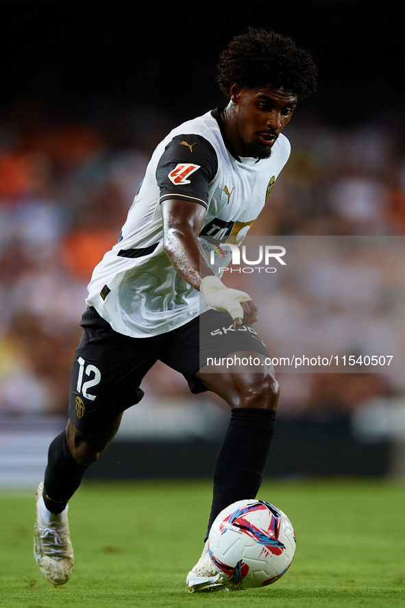 Thierry Rendall of Valencia CF is in action during the LaLiga EA Sports match between Valencia CF and Villarreal CF at Mestalla stadium in V...