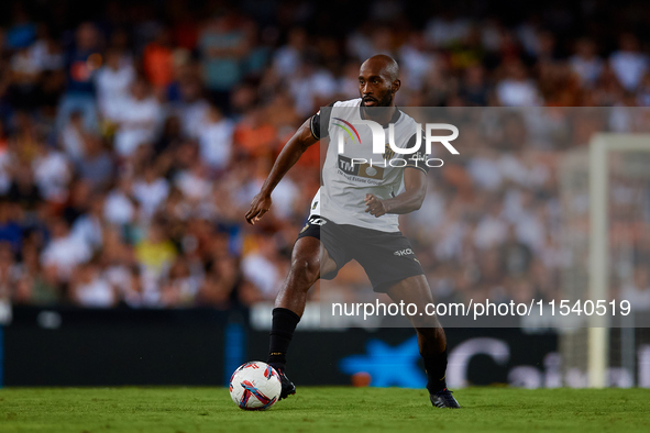 Dimitri Foulquier of Valencia CF is in action during the LaLiga EA Sports match between Valencia CF and Villarreal CF at Mestalla stadium in...