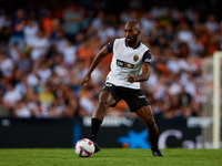 Dimitri Foulquier of Valencia CF is in action during the LaLiga EA Sports match between Valencia CF and Villarreal CF at Mestalla stadium in...