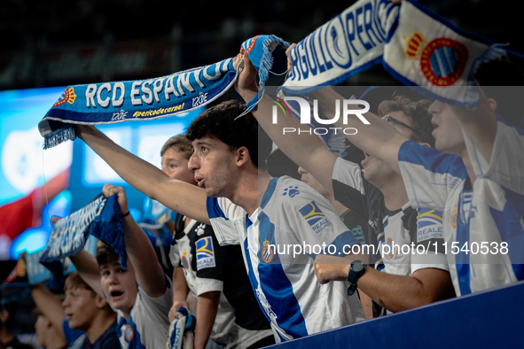 Fans of RCD Espanyol during the LaLiga EA Sports match between RCD Espanyol de Barcelona and Rayo Vallecano, on August 31, 2024.  