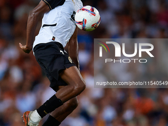 Cristhian Mosquera of Valencia CF is in action during the LaLiga EA Sports match between Valencia CF and Villarreal CF at Mestalla stadium i...