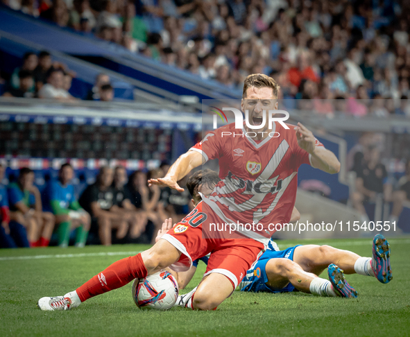 Alvaro Aguado, Ivan Balliu during the LaLiga EA Sports match between RCD Espanyol de Barcelona and Rayo Vallecano, on August 31, 2024.  