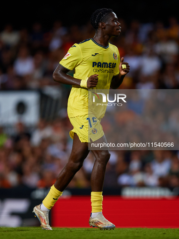 Thierno Barry of Villarreal CF runs during the LaLiga EA Sports match between Valencia CF and Villarreal CF at Mestalla stadium in Valencia,...