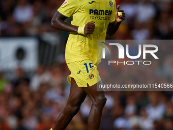 Thierno Barry of Villarreal CF runs during the LaLiga EA Sports match between Valencia CF and Villarreal CF at Mestalla stadium in Valencia,...