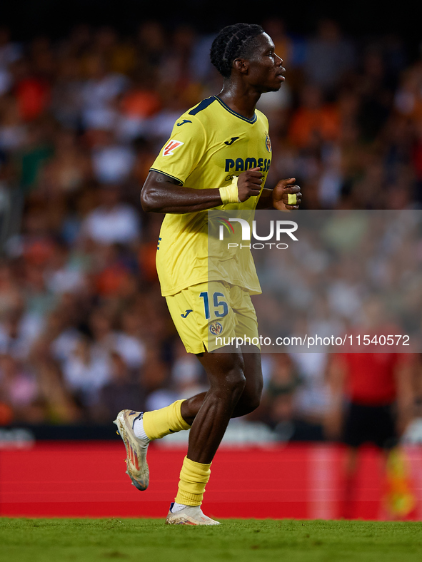 Thierno Barry of Villarreal CF runs during the LaLiga EA Sports match between Valencia CF and Villarreal CF at Mestalla stadium in Valencia,...