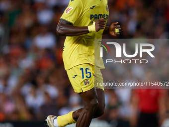 Thierno Barry of Villarreal CF runs during the LaLiga EA Sports match between Valencia CF and Villarreal CF at Mestalla stadium in Valencia,...