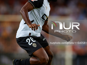 Dimitri Foulquier of Valencia CF is in action during the LaLiga EA Sports match between Valencia CF and Villarreal CF at Mestalla stadium in...