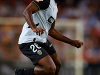 Dimitri Foulquier of Valencia CF is in action during the LaLiga EA Sports match between Valencia CF and Villarreal CF at Mestalla stadium in...