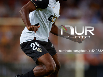 Dimitri Foulquier of Valencia CF is in action during the LaLiga EA Sports match between Valencia CF and Villarreal CF at Mestalla stadium in...