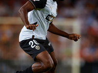 Dimitri Foulquier of Valencia CF is in action during the LaLiga EA Sports match between Valencia CF and Villarreal CF at Mestalla stadium in...