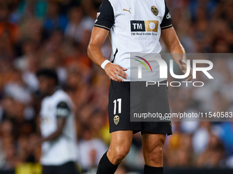 Rafa Mir of Valencia CF reacts during the LaLiga EA Sports match between Valencia CF and Villarreal CF at Mestalla stadium in Valencia, Spai...