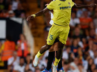 Thierno Barry of Villarreal CF competes for the ball with Cesar Tarrega of Valencia CF during the LaLiga EA Sports match between Valencia CF...