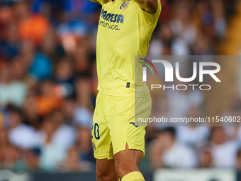 Ramon Terrats of Villarreal CF reacts during the LaLiga EA Sports match between Valencia CF and Villarreal CF at Mestalla stadium in Valenci...