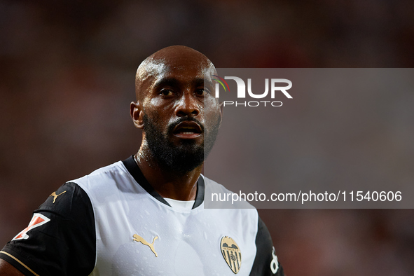 Dimitri Foulquier of Valencia CF looks on during the LaLiga EA Sports match between Valencia CF and Villarreal CF at Mestalla stadium in Val...