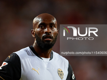 Dimitri Foulquier of Valencia CF looks on during the LaLiga EA Sports match between Valencia CF and Villarreal CF at Mestalla stadium in Val...