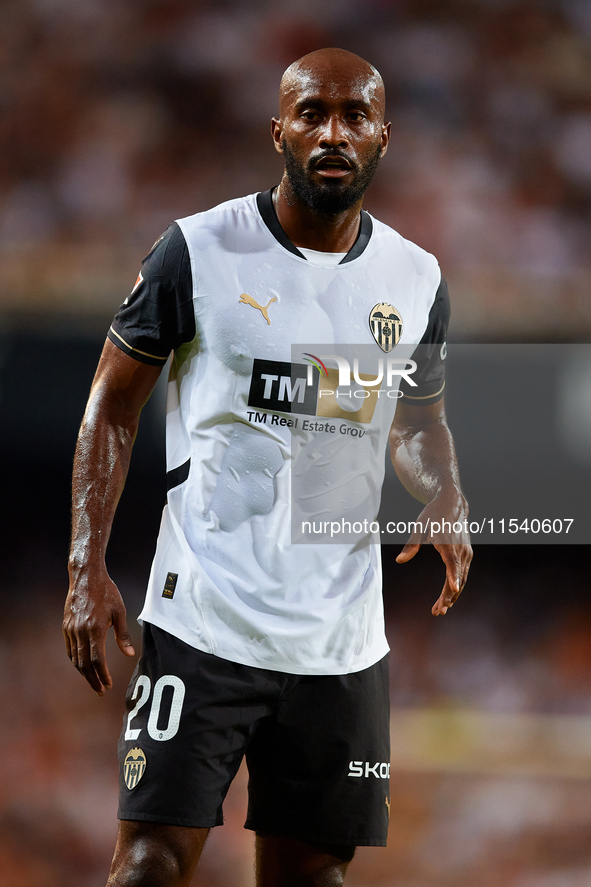 Dimitri Foulquier of Valencia CF looks on during the LaLiga EA Sports match between Valencia CF and Villarreal CF at Mestalla stadium in Val...