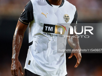 Dimitri Foulquier of Valencia CF looks on during the LaLiga EA Sports match between Valencia CF and Villarreal CF at Mestalla stadium in Val...