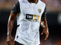 Dimitri Foulquier of Valencia CF looks on during the LaLiga EA Sports match between Valencia CF and Villarreal CF at Mestalla stadium in Val...