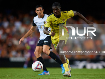 Thierno Barry of Villarreal CF is in action during the LaLiga EA Sports match between Valencia CF and Villarreal CF at Mestalla stadium in V...