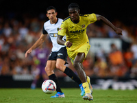 Thierno Barry of Villarreal CF is in action during the LaLiga EA Sports match between Valencia CF and Villarreal CF at Mestalla stadium in V...