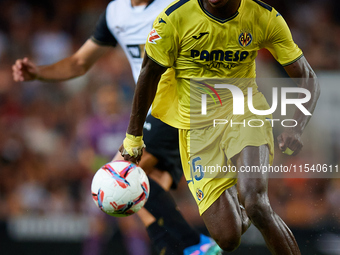 Thierno Barry of Villarreal CF is in action during the LaLiga EA Sports match between Valencia CF and Villarreal CF at Mestalla stadium in V...