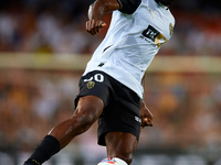 Dimitri Foulquier of Valencia CF is in action during the LaLiga EA Sports match between Valencia CF and Villarreal CF at Mestalla stadium in...