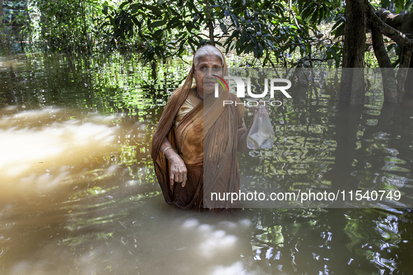 An elderly woman stands in waist-deep flood water in a village of Sonapur Union in Sonaimuri Upazila of Noakhali District of Chittagong Divi...