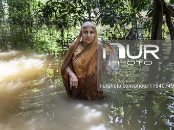 An elderly woman stands in waist-deep flood water in a village of Sonapur Union in Sonaimuri Upazila of Noakhali District of Chittagong Divi...