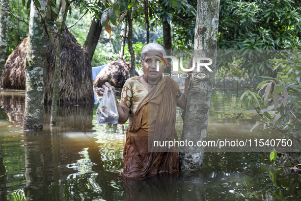 An elderly woman stands in waist-deep flood water in a village of Sonapur Union in Sonaimuri Upazila of Noakhali District of Chittagong Divi...