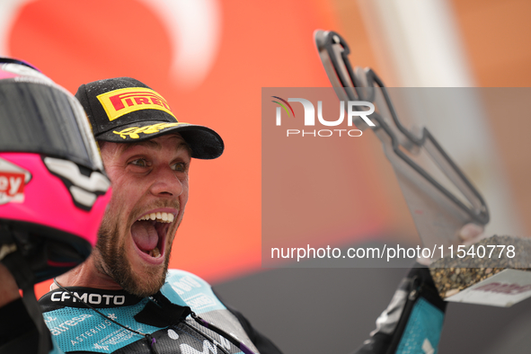 Jake Dixon (96) of Great Brof Italy and in and Cfmoto Inde Aspar Team Kalex celebrates victory after the race day of the Gran Premio GoPro d...