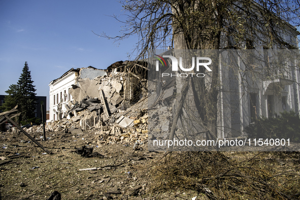 A view of the heavily damaged and partially collapsed building after the Russian missile attacks in Kyiv, Ukraine, on September 2, 2024. 