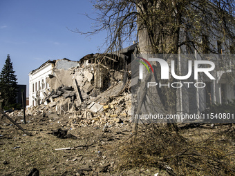 A view of the heavily damaged and partially collapsed building after the Russian missile attacks in Kyiv, Ukraine, on September 2, 2024. (