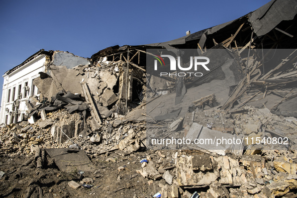 A view of the heavily damaged and partially collapsed building after the Russian missile attacks in Kyiv, Ukraine, on September 2, 2024. 