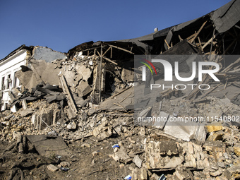 A view of the heavily damaged and partially collapsed building after the Russian missile attacks in Kyiv, Ukraine, on September 2, 2024. (