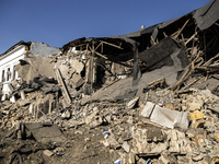 A view of the heavily damaged and partially collapsed building after the Russian missile attacks in Kyiv, Ukraine, on September 2, 2024. (